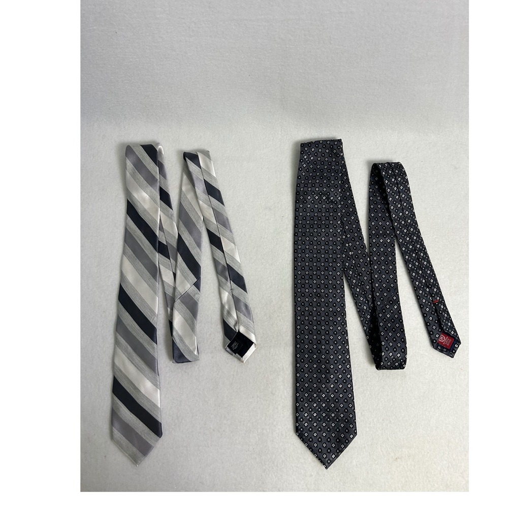 Business Chaps/Exsspress Mens OS Grey Geometric & Striped Silk Tie Lot 2pc